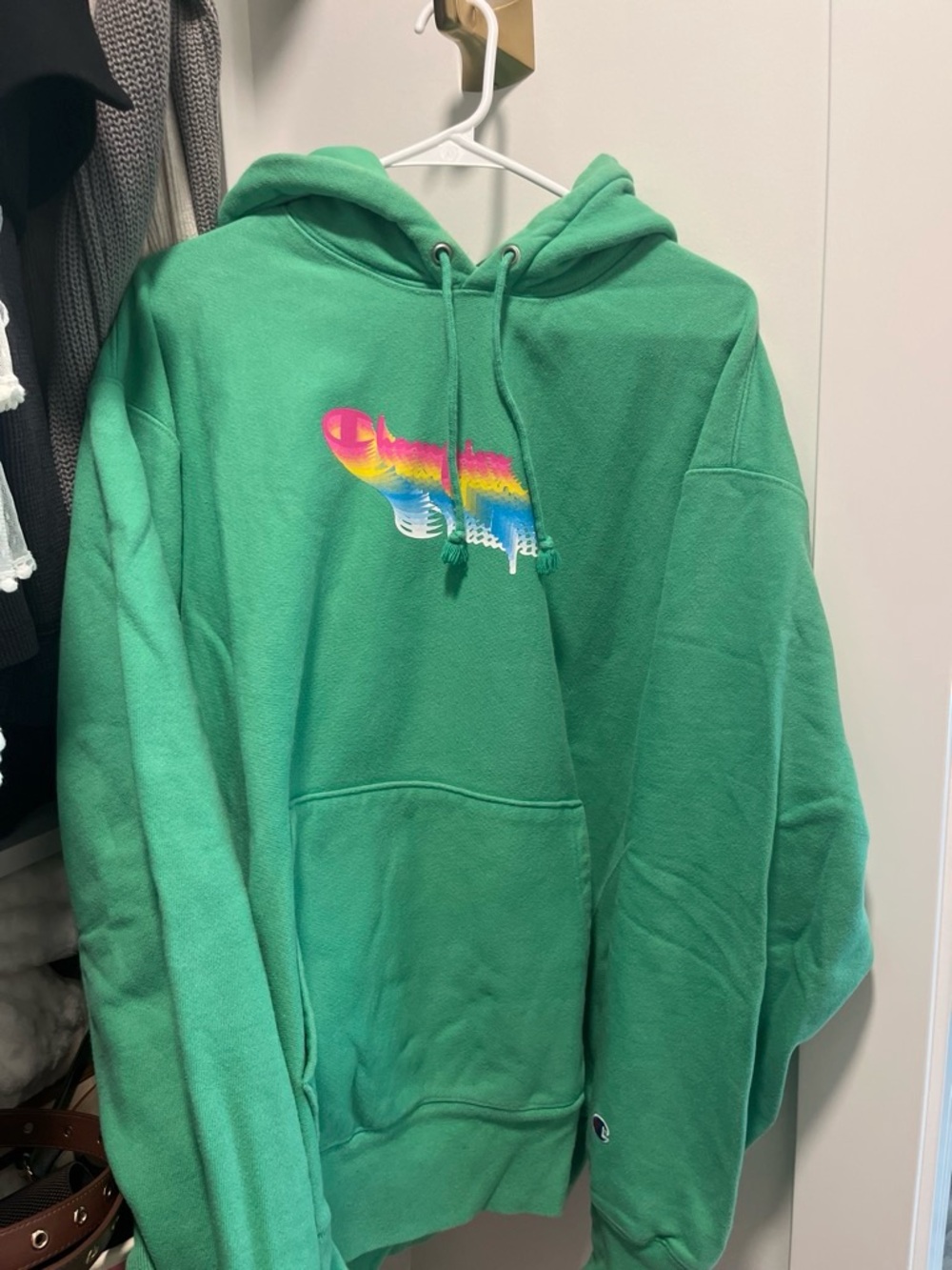 Champion Green Hoodie with Rainbow Logo
